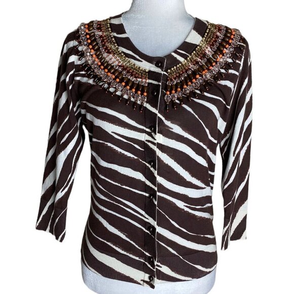 Kate Spade New York Zebra Print Beaded Cardigan Sweater Womens Sz XS - Picture 1 of 8